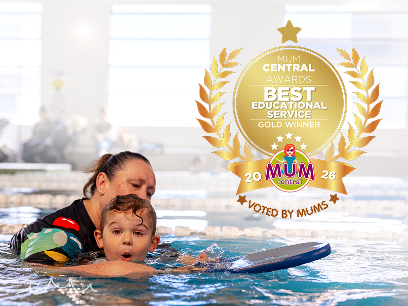 Mum Central Awards 2026 winner logo on top of an image of a child swimming with a Kingswim teacher